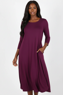 Viscose pocket dress, dark purple, 3/4 sleeves, round neck, by Cathy’s New Look Fashion & Beauty