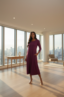 Dress: viscose dark-purple, 3/4 sleeves, round neck with pockets.