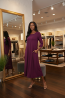 Viscose pocket dress, dark purple, 3/4 sleeves, round neck, with pockets