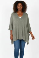 Zenana premium Plus brushed melange sweater LT olive; draped poncho-style top