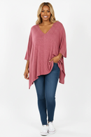 HT-2464X Zenana plus brushed melange sweater in rose, oversized draped top