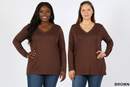 Top: cathysnewlook brown rayon long-sleeve V-neck tee, relaxed fit, shown on two models