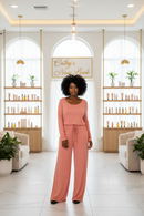 ZENANA long sleeve jumpsuit in rose pink with drawstring waist, wide-leg pants.