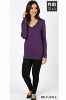 Long-sleeve V-neck tee in DK purple rayon, plus-size relaxed fit
