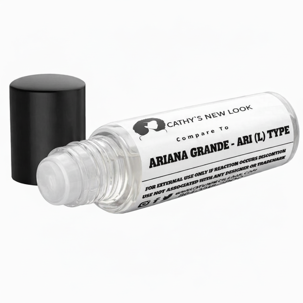Perfume oil bottle labeled Ariana Grande Ari (L) Type; clear glass, black cap, Cathy’s New Look branding.