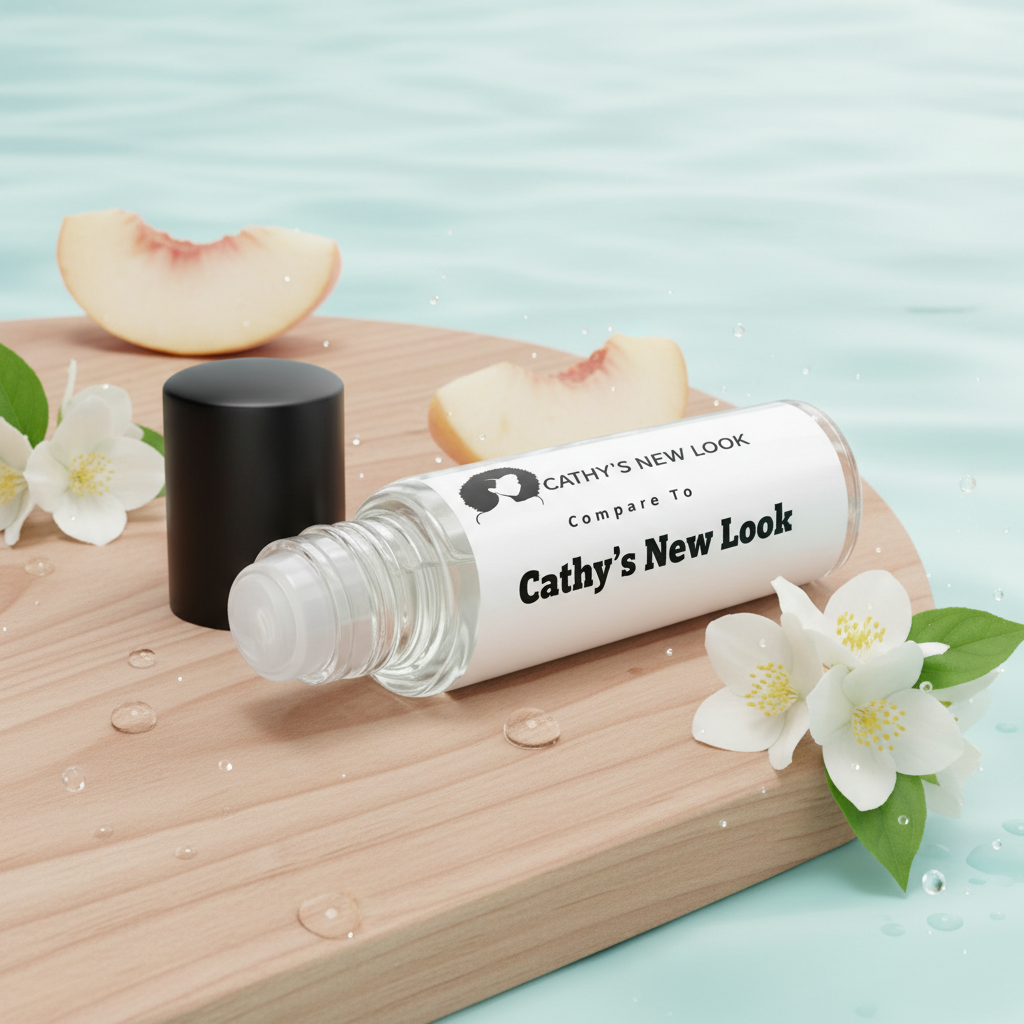 Cologne fragrance bottle by Cathy’s New Look; clear glass with black cap, Acqua di Gio-style body oil, 1/3 oz