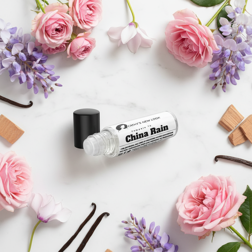 China Rain cologne by Cathy Burgess Shop; clear bottle with black cap among pink roses and lilac blooms.