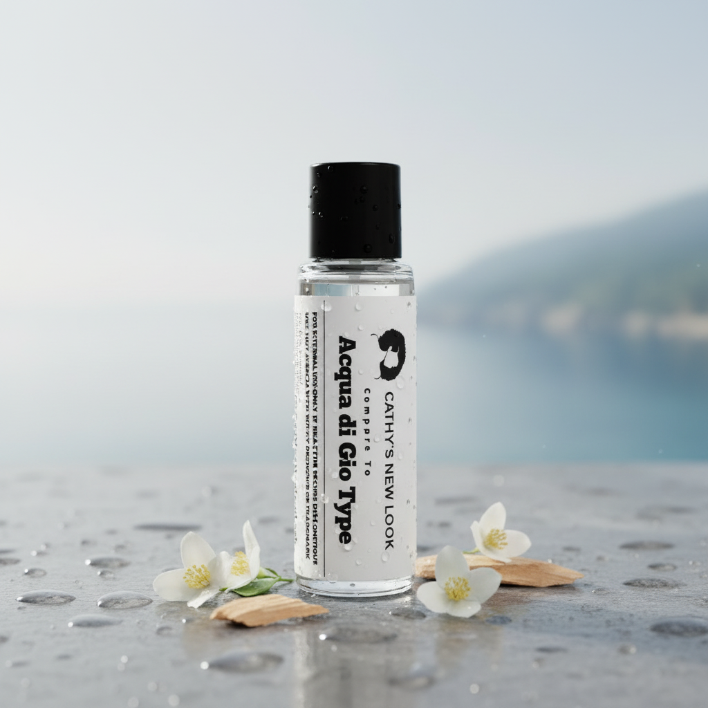 Acqua di Gio Type Perfume Body Oil for Women by Cathy’s New Look; clear bottle with black cap on a wet surface