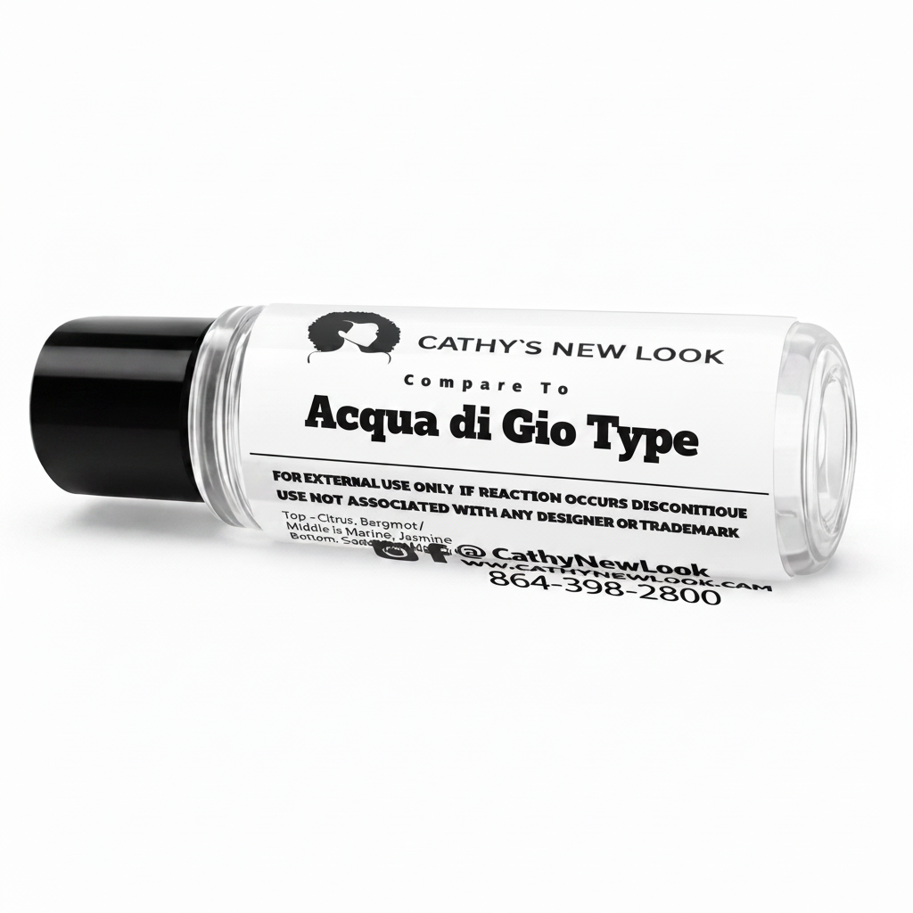 Acqua di Gio Type perfume body oil bottle by Cathy's New Look, white label, black cap, 1/3 oz