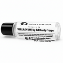 Villain Type perfume body oil bottle by Cathy’s New Look; clear glass with black cap.