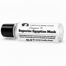 Superior Egyptian Musk fragrance oil bottle by Cathy’s New Look; clear glass bottle with black cap.