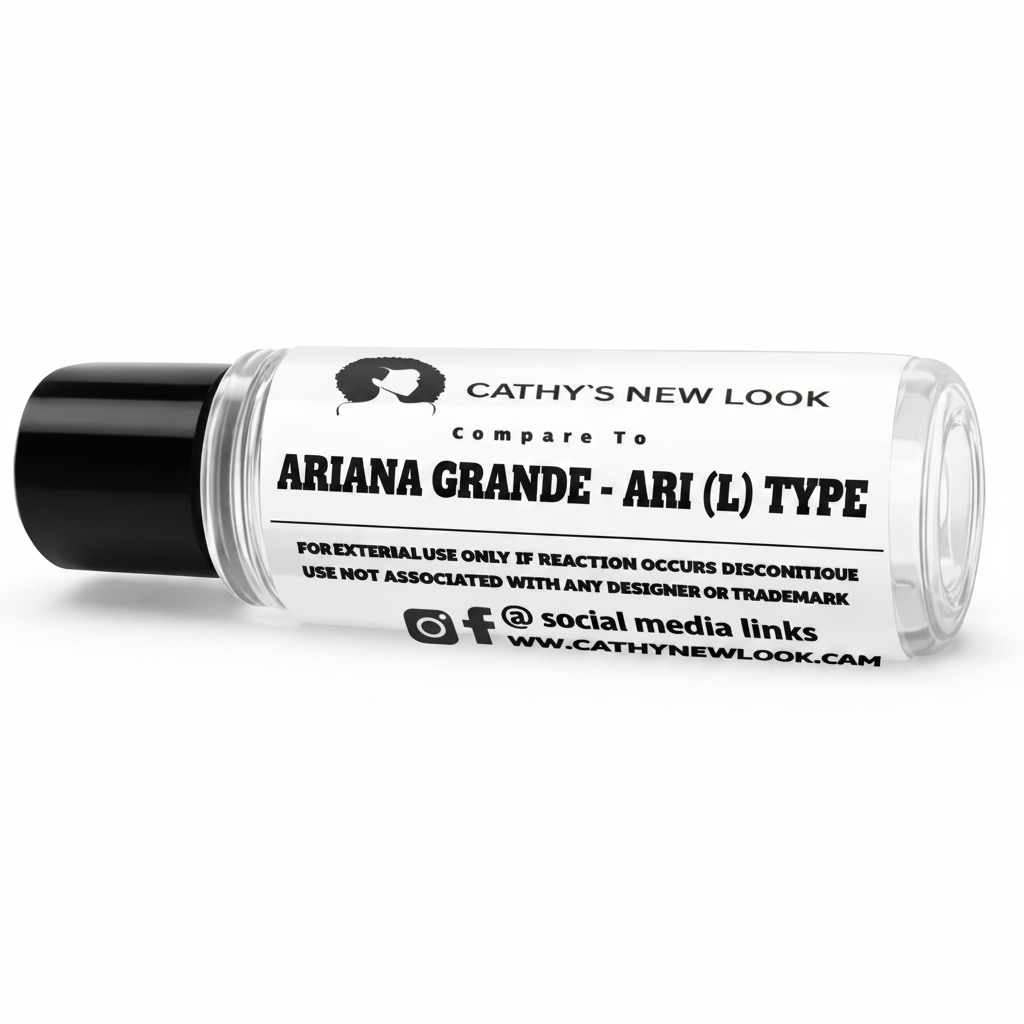 Perfume oil bottle from Cathy’s New Look; Ariana Grande Ari (L) Type, clear bottle with black cap and bold label.