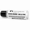 Perfume oil bottle from Cathy’s New Look; Ariana Grande Ari (L) Type, clear bottle with black cap and bold label.