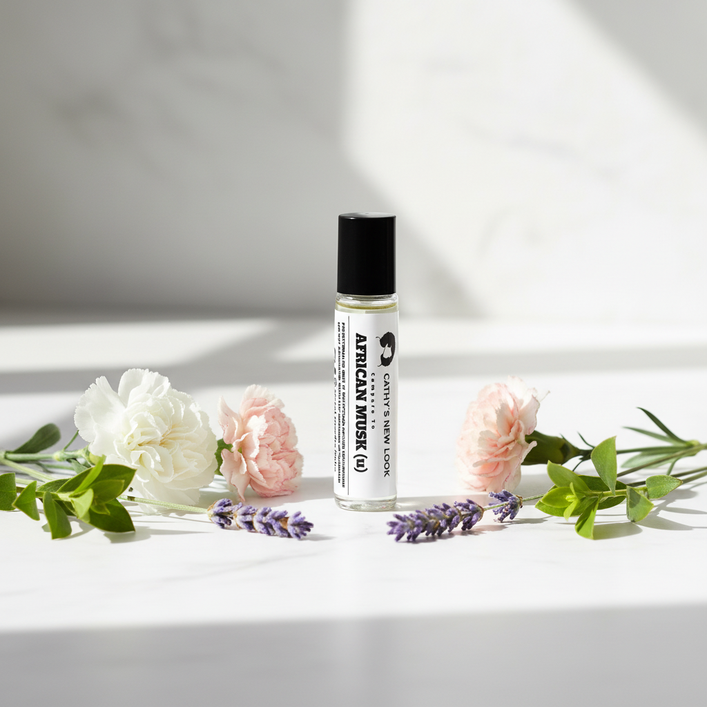 African Musk fragrance oil bottle by Cathy’s New Look, black cap, on white surface with pink and white flowers.