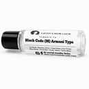 Cathy's New Look body oil fragrance bottle, Black Code (M) Armani Type, clear glass with black cap