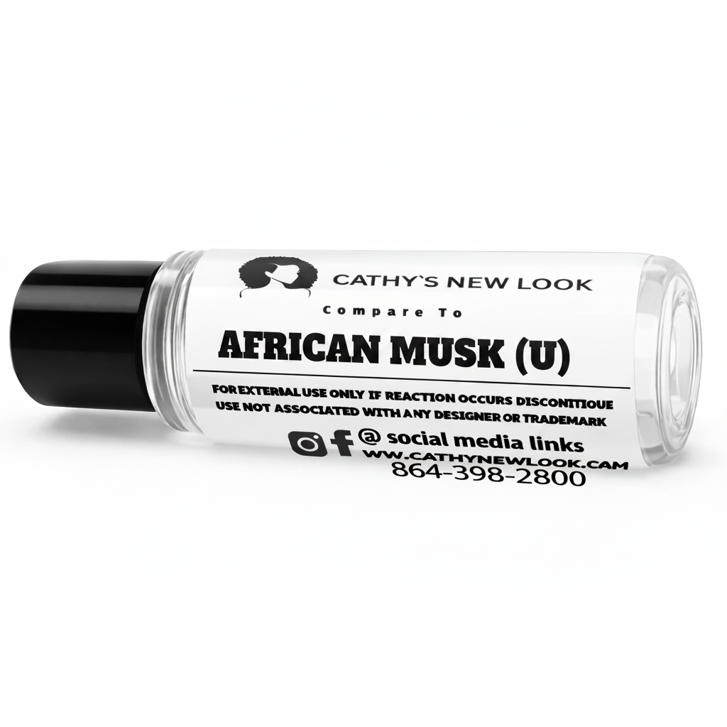 African Musk fragrance oil bottle by Cathy’s New Look, white label and black cap