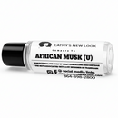 African Musk fragrance oil bottle by Cathy’s New Look, white label and black cap