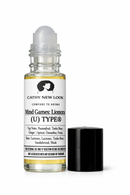 Mind Games: Lionora (U) TYPE body oil cologne in a clear glass bottle with yellow oil, Cathy New Look label