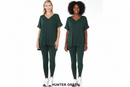 Loungewear V-neck top and leggings set in hunter green, shown on two models in matching relaxed-fit top and leggings.