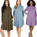 Earth & Orchid Trio by Zenana: olive, sky blue, and lavender premium mock-neck long-sleeve dresses with pockets (3-pack)