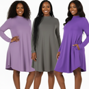 Zenana Soft Harmony Trio Bundle: three long-sleeve knee-length dresses in lavender, grey, and purple