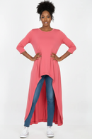 Top: Zenana premiumPLUS high-low longline 3/4 sleeve coral pink tunic, shown with jeans
