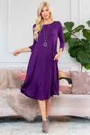 VD-7006-DKPPL-1 viscose pocket dress in dark purple with 3/4 sleeves and round neck