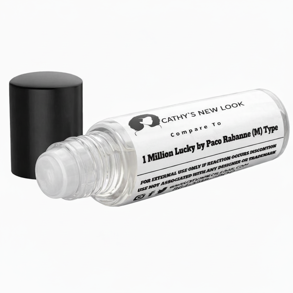 1 Million Lucky Type Body Oil bottle inspired by Paco Rabanne; clear glass bottle with black cap