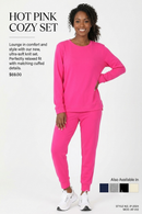 COLOR ALIEN pink round-neck drawstring pants lounge set; two-piece cozy knit top and matching pants.
