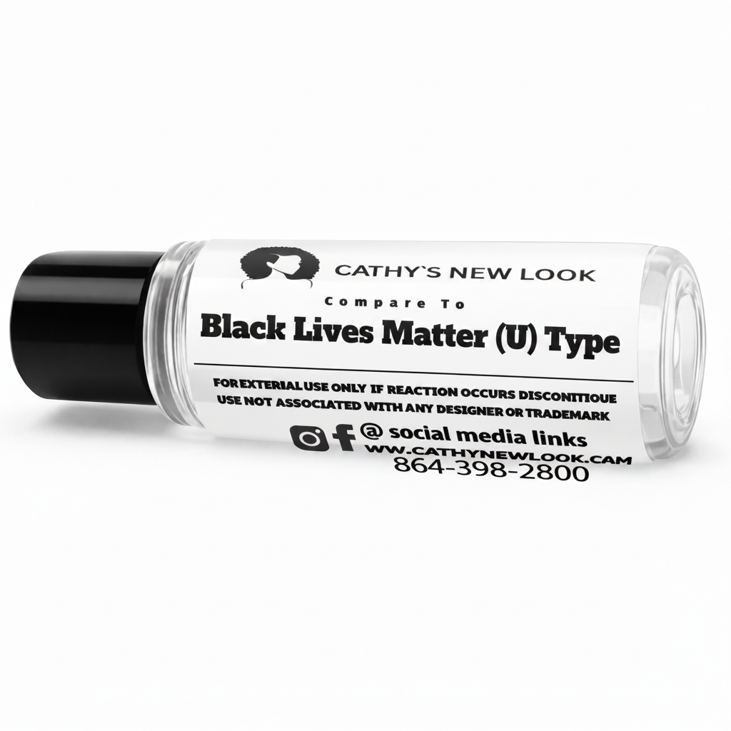 Black Lives Matter (U) Type body oil by Cathy’s New Look in a clear bottle with a black cap