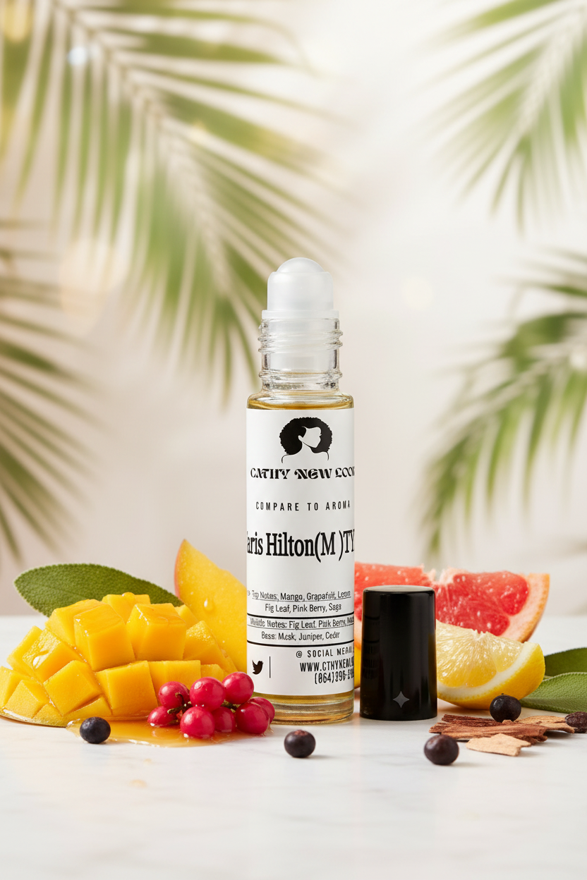 Paris Hilton body oil fragrance bottle by Cathy Burgess Shop; clear glass with white label, surrounded by mango, citrus and berries