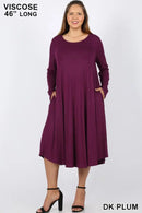 PLUS VISCOSE LONG SLEEVE ROUND NECK POCKET DRESS