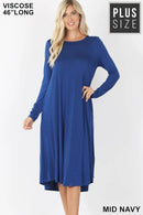 PLUS VISCOSE LONG SLEEVE ROUND NECK POCKET DRESS
