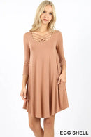 Zenana egg shell long sleeve dress with crisscross neckline and relaxed fit pocket detail